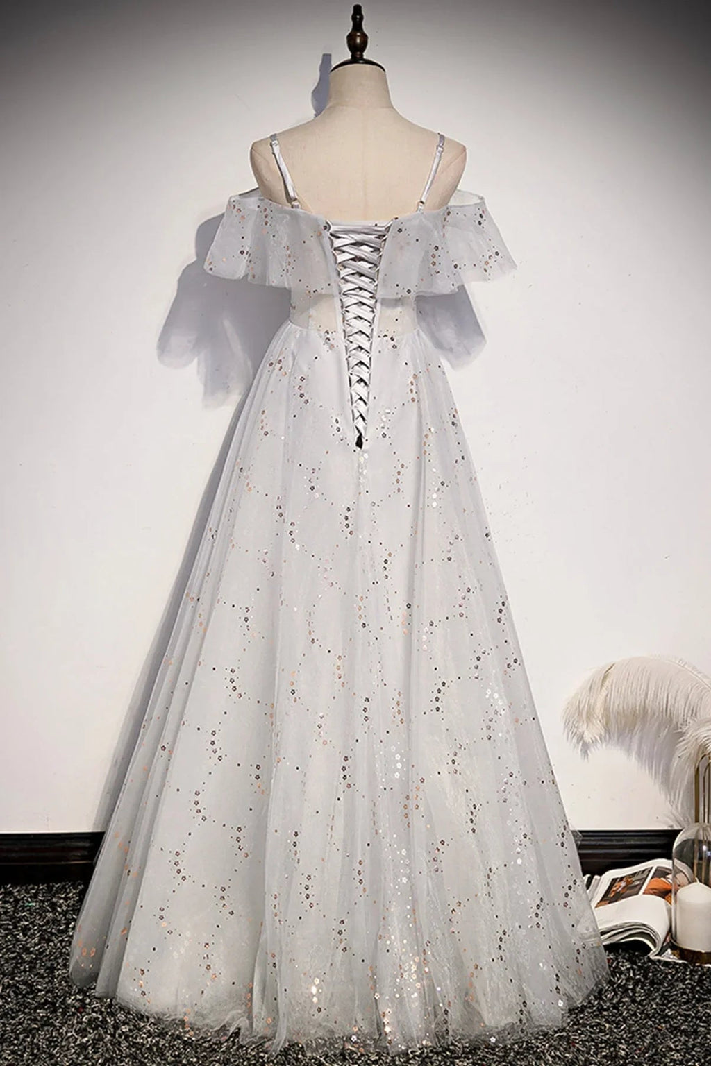 Robe de bal longue en tulle à paillettes, coupe évasée, robe de soirée s71