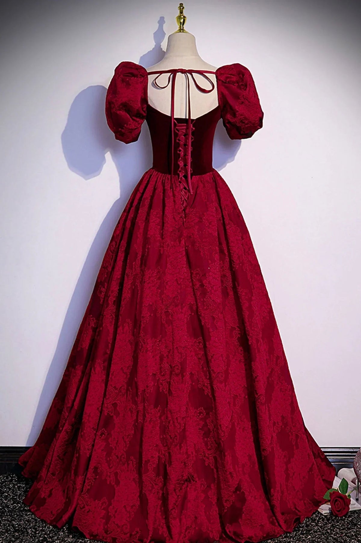 Burgundy velvet jacquard long prom dress evening dress s89