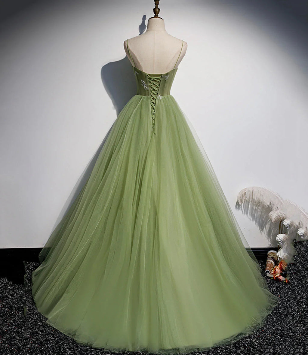 Green tulle long prom dress A line evening dress s56