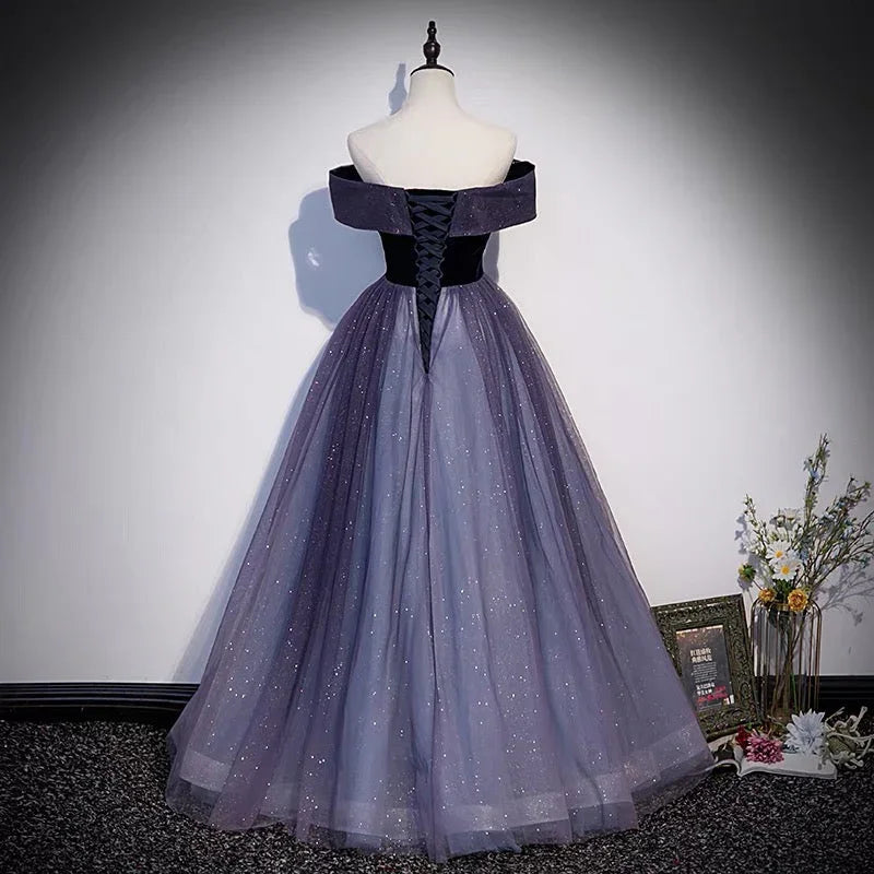 Robe longue de bal en tulle violet Robe de soirée ligne A s66