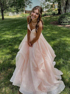 Rosa Spaghettiträger A-Linien-Abendkleid, mehrlagiges Abendkleid, funkelndes langes Ballkleid Y1303