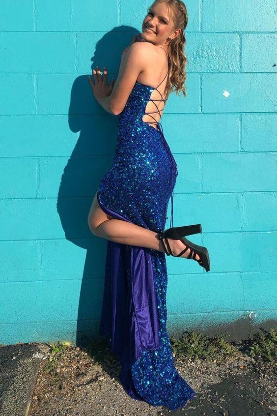 Vestido de fiesta azul real con tirantes y escote redondo de sirena brillante, con abertura, vestido de noche Y1265