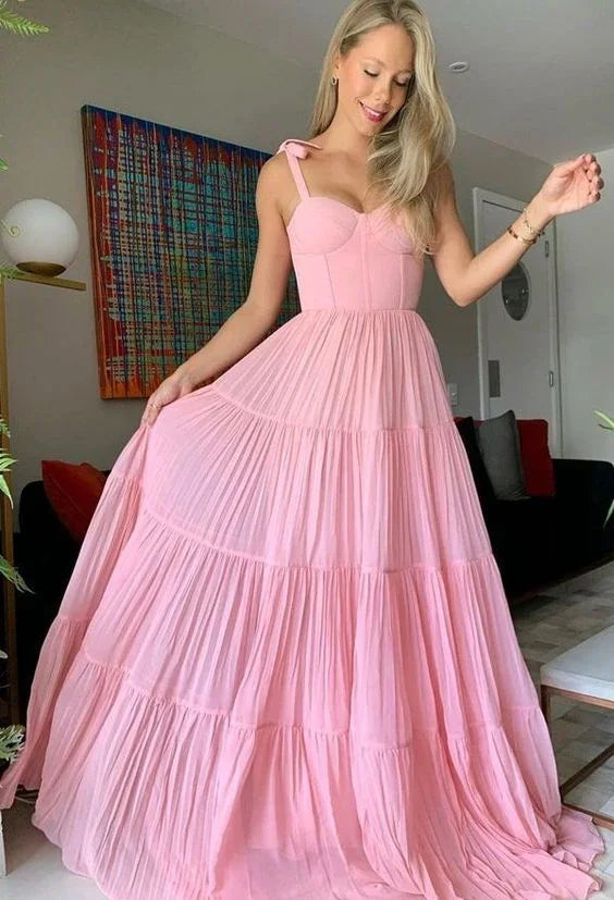 Süßes rosa Chiffon langes Ballkleid, A-Linien Abendkleid, gefältelte Rüschen Festkleider Y1317