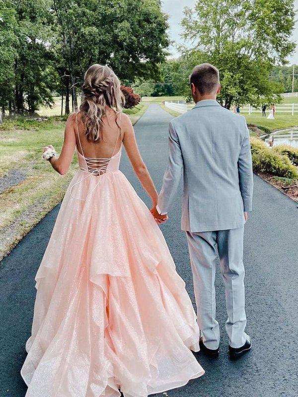 Rosa Spaghettiträger A-Linien-Abendkleid, mehrlagiges Abendkleid, funkelndes langes Ballkleid Y1303