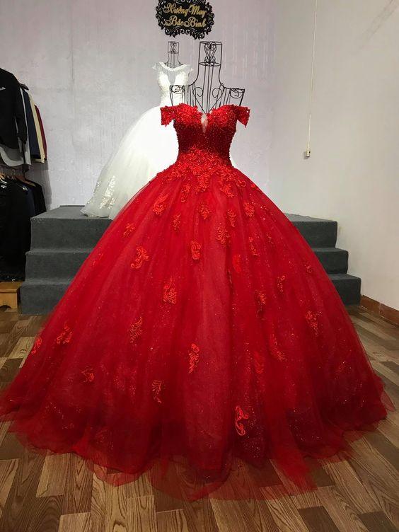 Vestido de gala rojo de tul con encaje y hombros descubiertos para dulce dieciséis Y1274