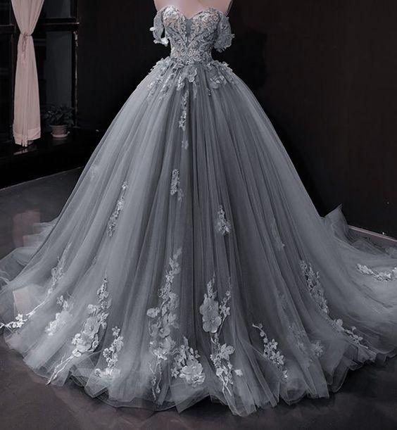 Blue lace applique elegant off the shoulder ball gown Y1578