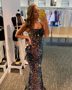 Vestido largo de fiesta y noche con lentejuelas, escote redondo y sirena brillante Y1634