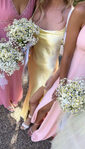 Vestido amarillo sencillo para fiesta con abertura, vestido de noche sensual Y1616
