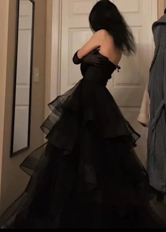 Liebreizendes schwarzes Kleid mit Rüschen, lang, für Abschlussball und Abendveranstaltung Y1624
