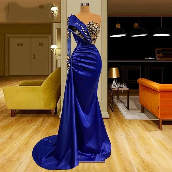 Königsblaue Ballkleider, mit Perlen verzierte Ballkleider, Ballkleider mit langen Ärmeln, Meerjungfrauen-Ballkleider, Satin-Abendkleider Y1603