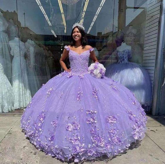 Vestido de Baile Princesa Coração com Folhos de Flor Roxa para Quinceañera Y1610