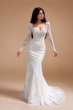 White Boho Romantic Lace Mermaid Wedding Dress Beaded Sequins With Lace Train ZP038