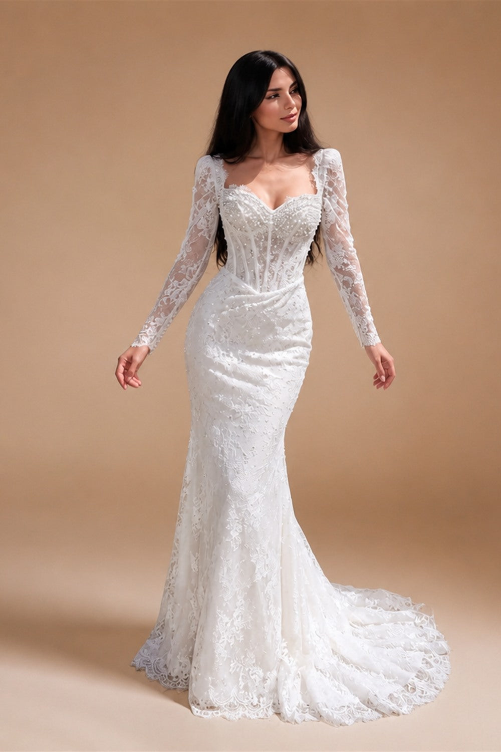 White Boho Romantic Lace Mermaid Wedding Dress Beaded Sequins With Lace Train ZP038