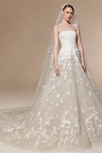 Dreamy Ivory Strapless Floral Lace Mermaid Train Wedding Dress with Veil ZP083