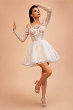 Elegant White Off-Shoulder Feather Lace Corset Mini Wedding Dress ZP061