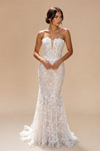 White Nude Lace Fairytale  Mermaid Wedding Dress 3D Floral  Train  ZP037