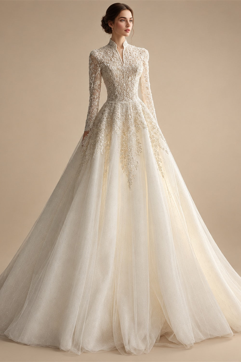 Luxury Sequin Pearl Long Sleeve Ball Gown Wedding Dress ZP186
