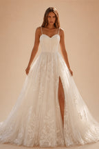Elegant White Spaghetti Strap Satin Bodice Lace Tulle Wedding Dress with Train ZP065