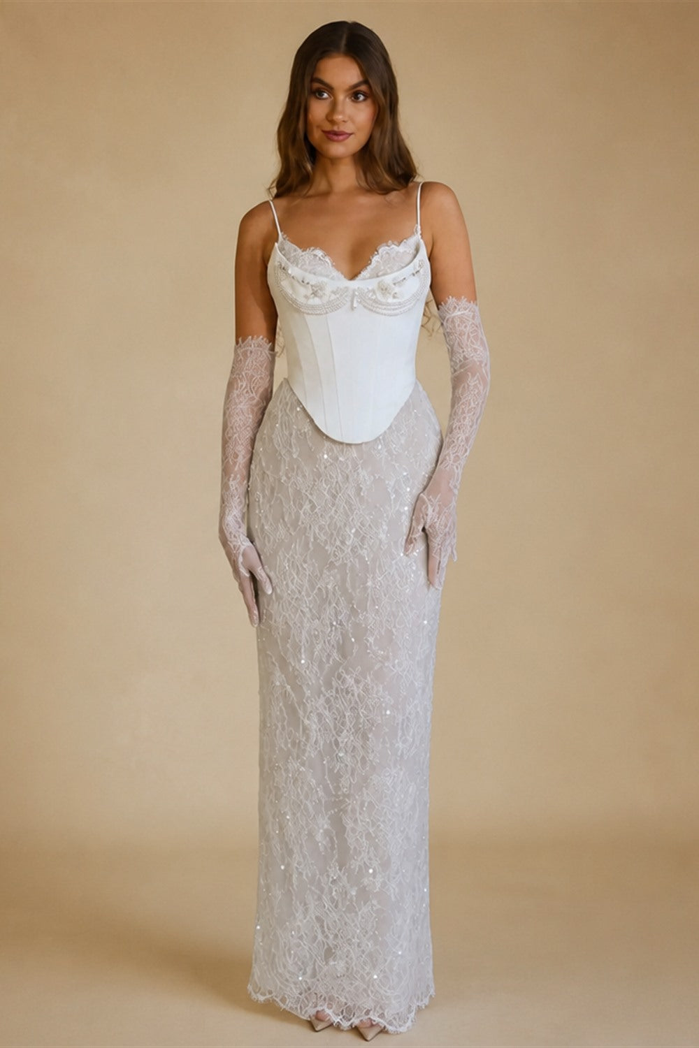 Luxury Off White Lace Corset Sweetheart Mermaid Wedding Dress with Gloves ZP009