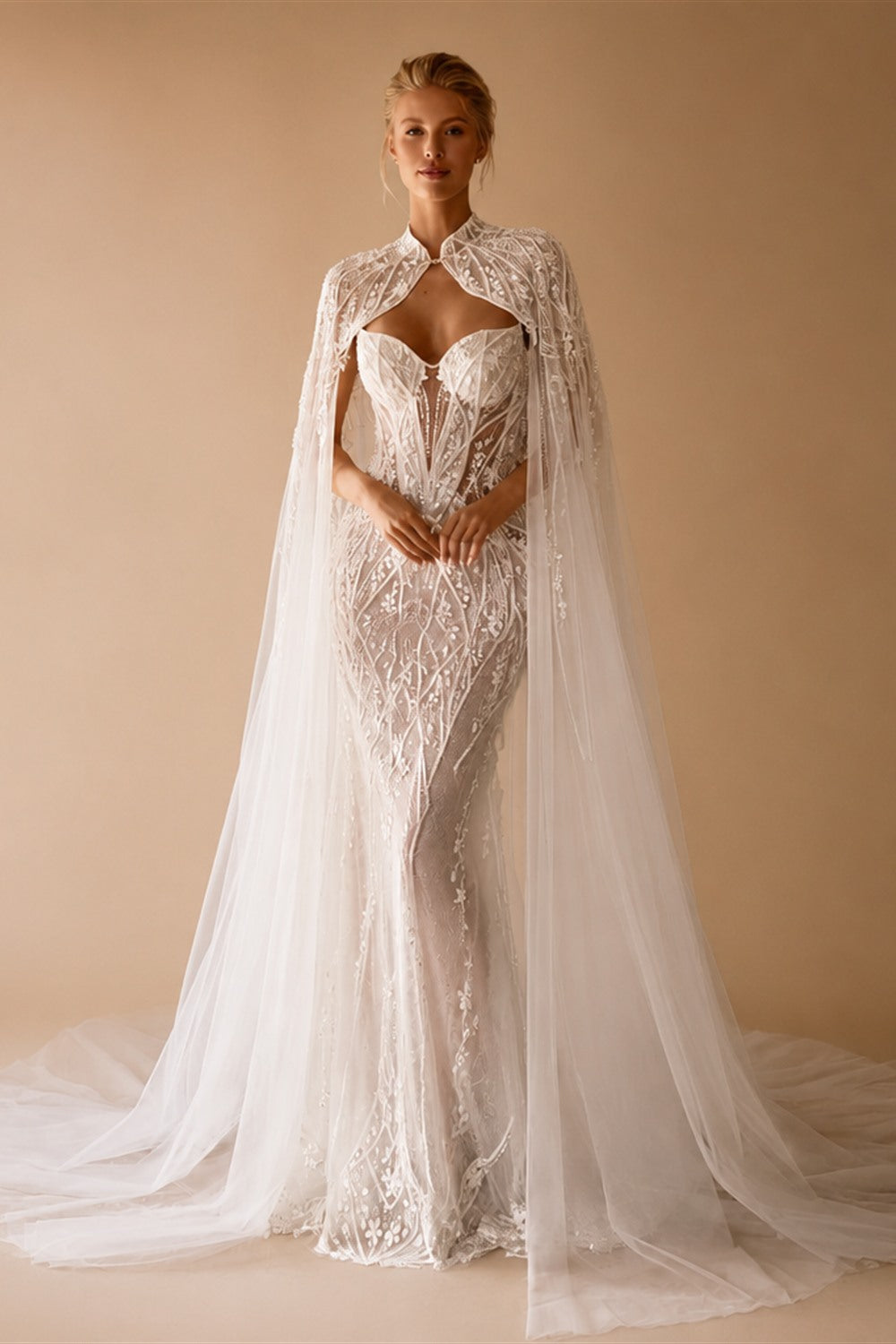 Luxury Sparkling Beaded Lace Wedding Dress With Cape Elegant Mermaid Long Bridal Gown Customized Illusion Dresses For Bride
