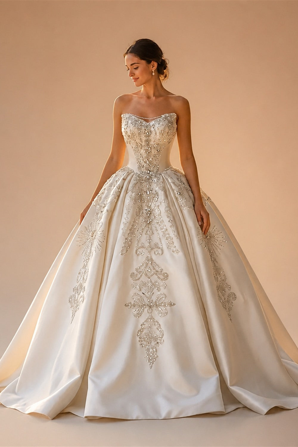 White Satin Strapless Ball Gown Wedding Dress with Luxurious Beaded Lace and Cathedral Train ZP016