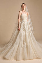 Romantic Champagne Strapless Floral Lace Tulle A-Line Wedding Dress with Veil ZP084