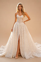 White Floral Lace Strapless Bridal Gown Sweetheart Neckline Front Button Ball Gown ZP011