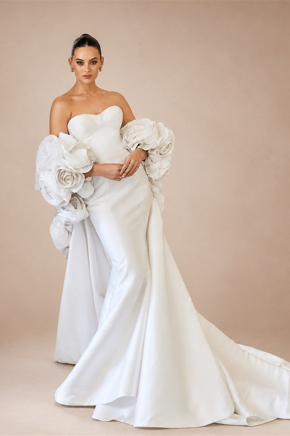 Ivory  Satin Mermaid Wedding Dress 3D Giant Rose Floral With Veil  ZP034