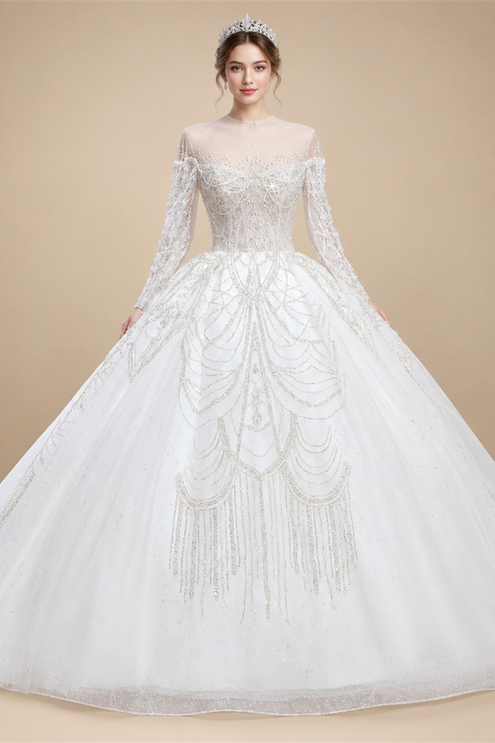 Luxury Beaded Long Sleeve Ball Gown Wedding Dress ZP184