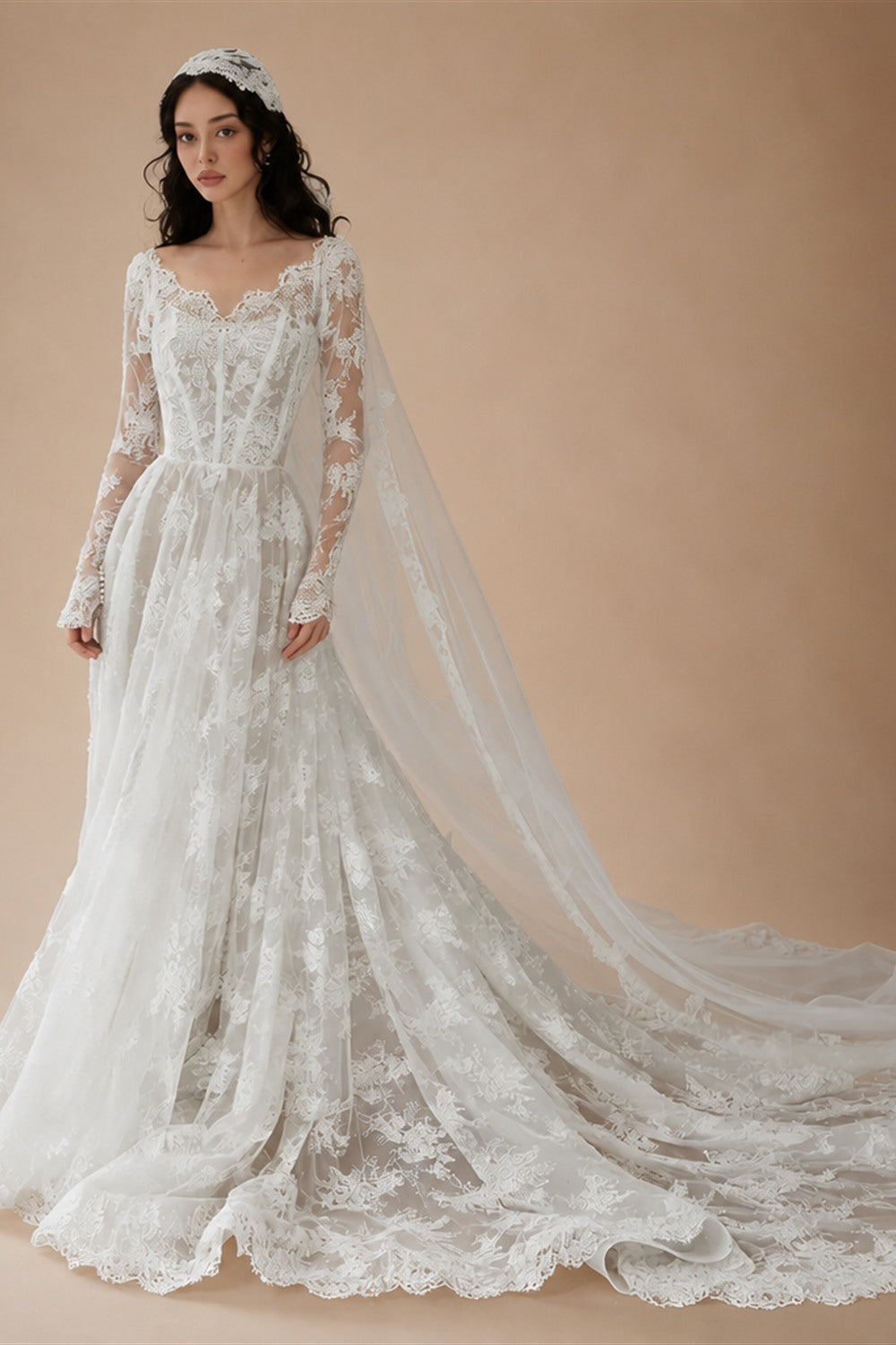 Whimsical Ivory Lace V-Neck Long Sleeve Wedding Dress with Veil ZP106