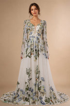 Luxury White Embroidery Long Sleeve Boho Train Wedding Dress ZP158