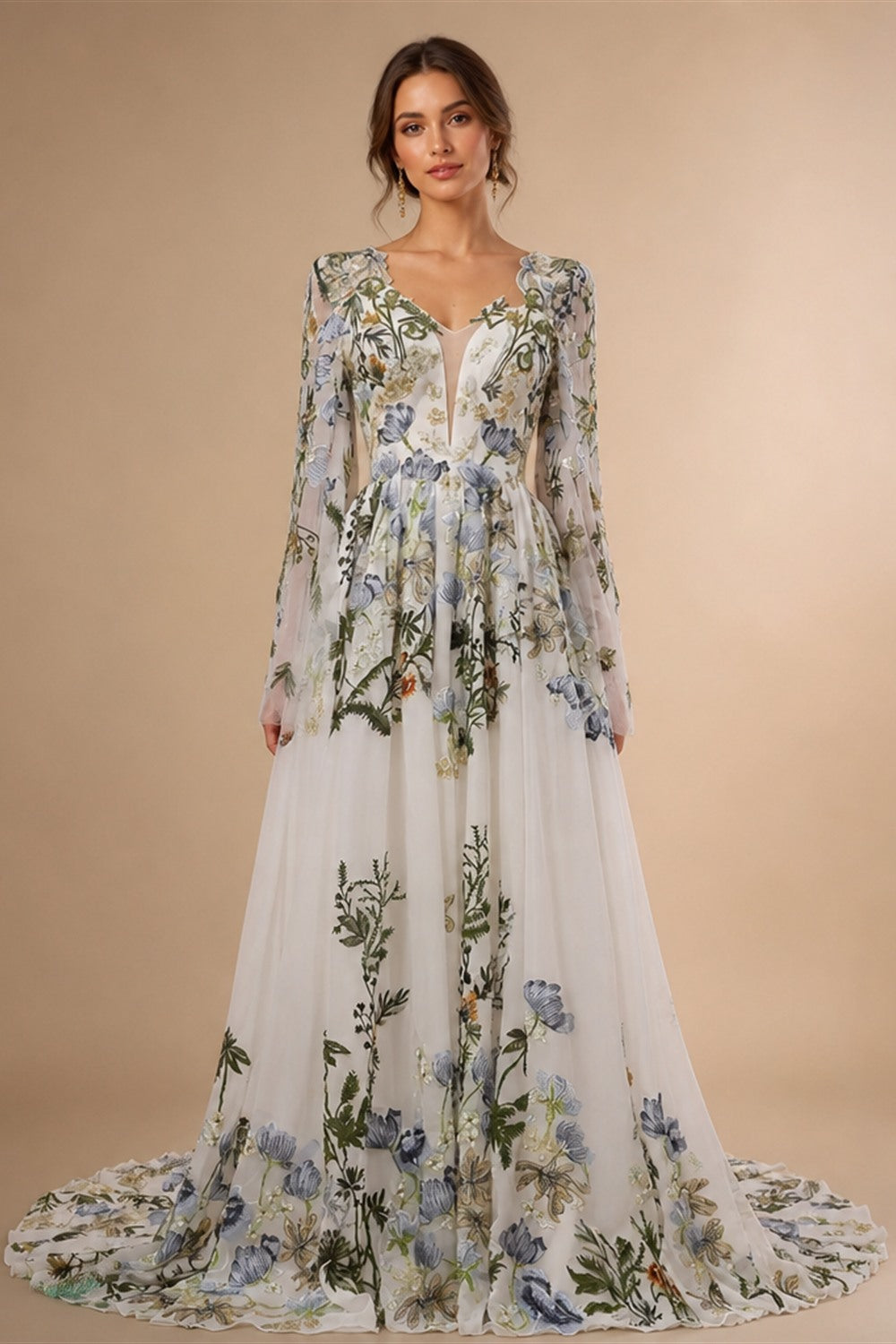 Luxury White Embroidery Long Sleeve Boho Train Wedding Dress ZP158