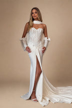 Modern White Strapless Satin High Slit Mermaid Wedding Dress with Scarf ZP093