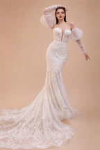 Glamorous White Sweetheart Neckline Mermaid Wedding Dress with Detachable Tulle Sleeves ZP056