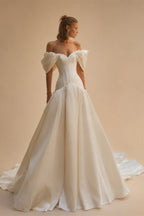 Romantic White Satin Off-the-Shoulder Puff Sleeve Ball Gown Wedding Dress ZP113