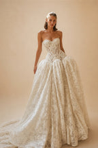 Bohemian Ivory Lace Strapless Ball Gown Wedding Dress ZP112