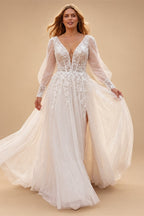 Plus Size A Line Tulle Wedding Dress With Puff Sleeves V Neck