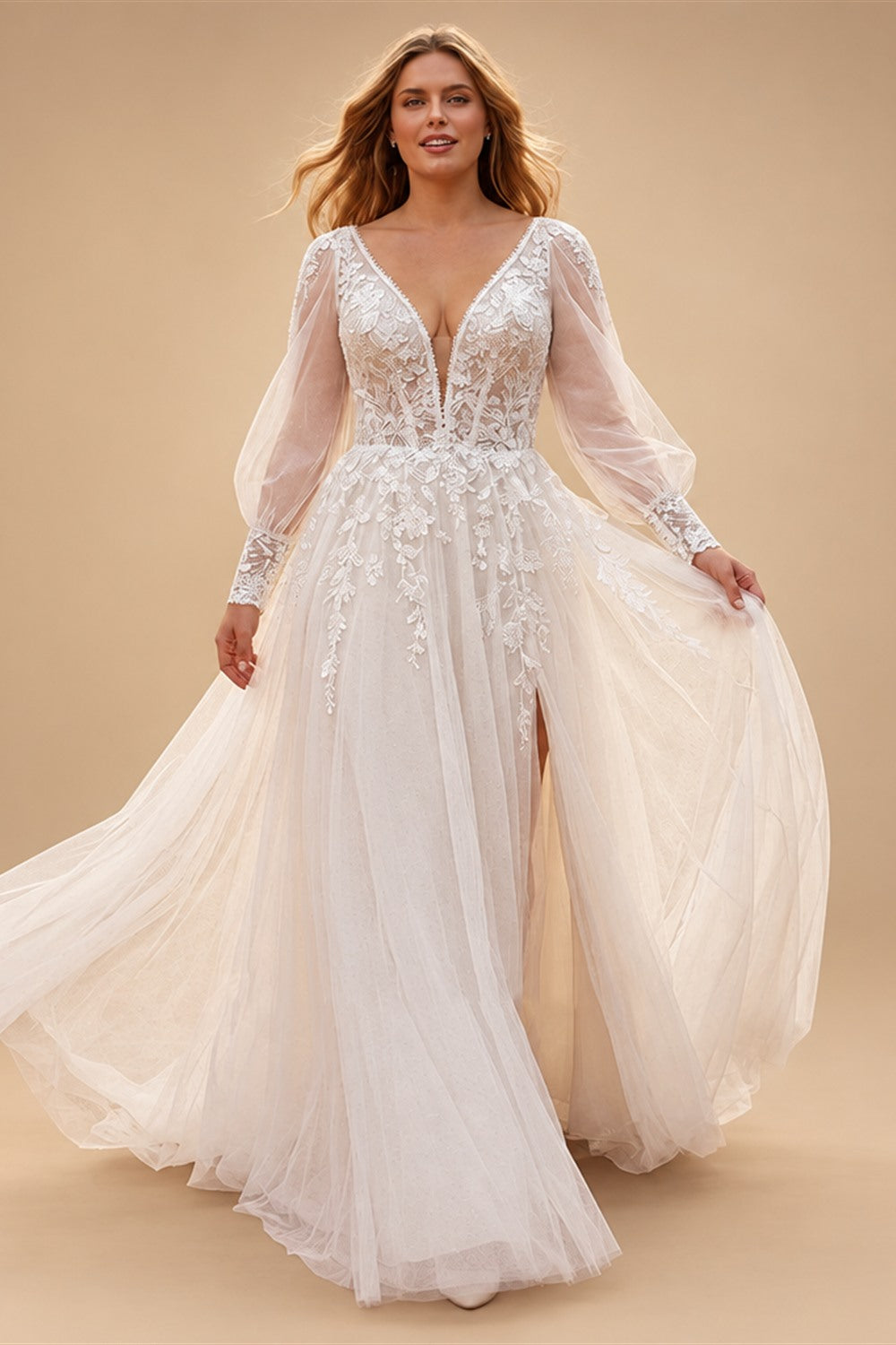 Plus Size A Line Tulle Wedding Dress With Puff Sleeves V Neck