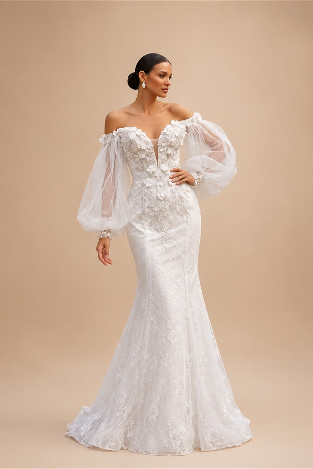 White  Off‑The‑Shoulder Puff Sleeve 3D Floral Mermaid Wedding Dress ZP005
