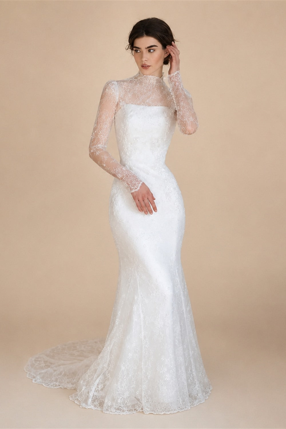 Elegant Printed Crystal Sheer Lace Mermaid Wedding Dress ZP169