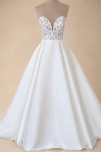 Simple White Satin A Line Wedding Dress Sleeveless Sweetheart Gown