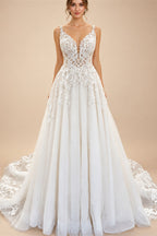 Flowy A Line Tulle V Neck Wedding Dress With Custom Made Beach Bridal Gown