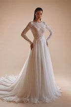 Glamorous White Long Sleeve Lace Wedding Dress with Removable Chiffon Overlay ZP058