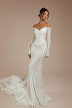 White Off the Shoulder Long Sleeve Lace Mermaid Wedding Dress
