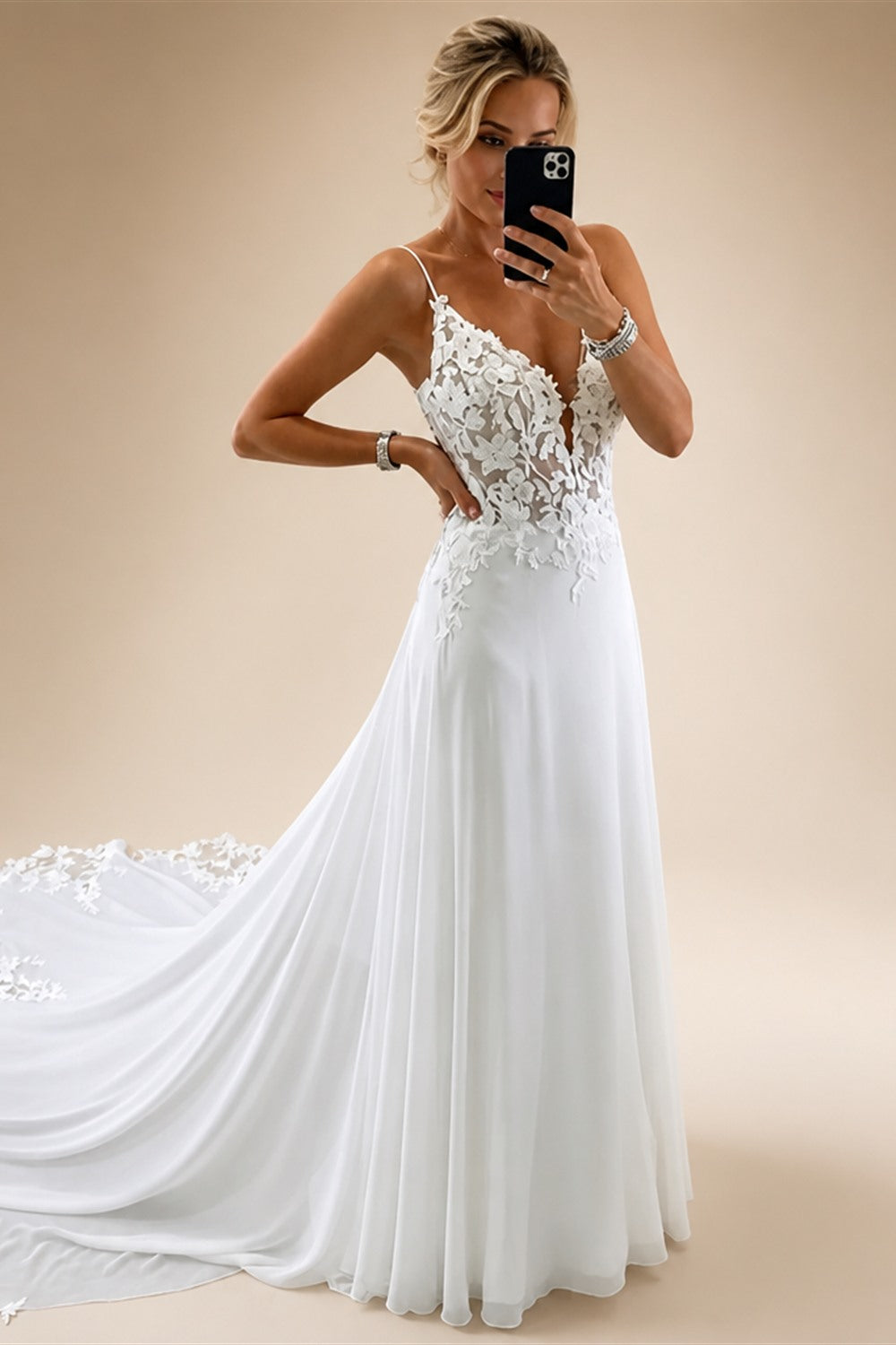 Women's Spaghetti Straps Deep V Backless Wedding Dresses Lace Appliques Chiffon Bridal Gown with Train Elegant Boho Bride Dress