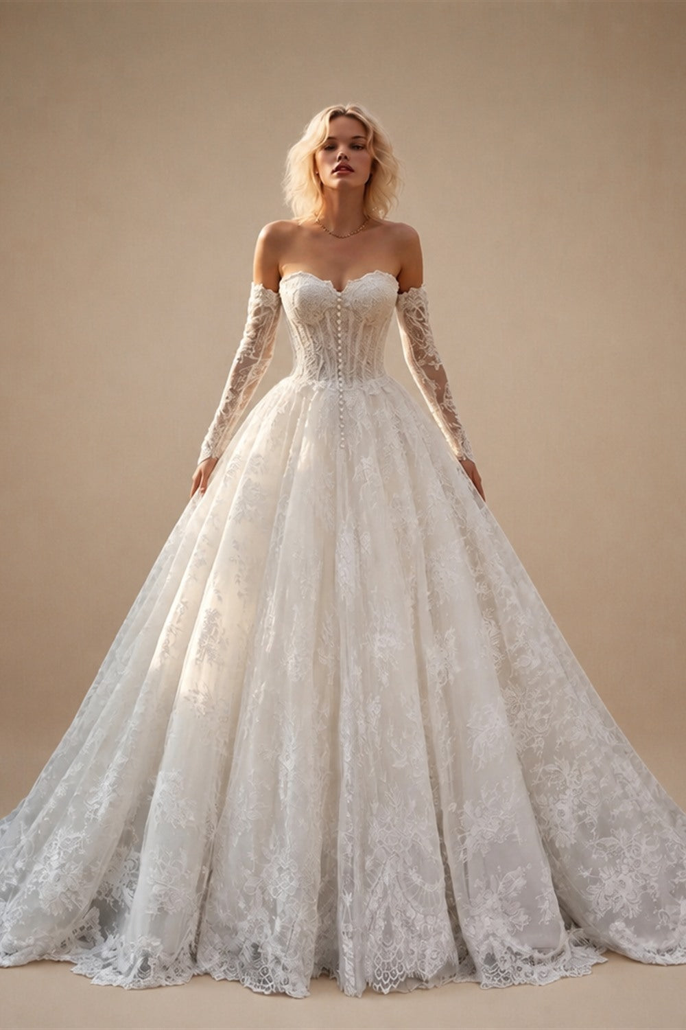 White Floral Lace Ball Gown Wedding Dress with Sweetheart Neckline and Detachable Long Sleeves ZP015