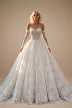 White Floral Lace Ball Gown Wedding Dress with Sweetheart Neckline and Detachable Long Sleeves ZP015