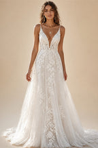 Spaghetti Strap Deep V Boho Wedding Dress Floral Lace Applique Tulle A Line Bridal Gowns Low Back Wedding Gowns Customized