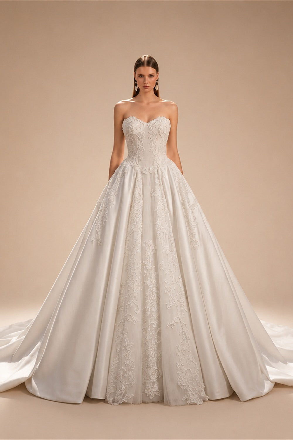 White Satin Strapless Wedding Dress Lace Appliques Sweetheart Neckline Ball Gown ZP010