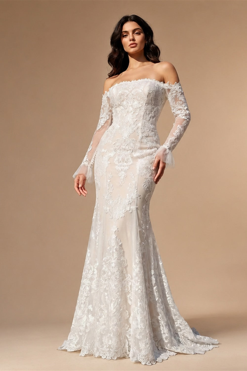 Off White  Lace Stunning Feminine Mermaid Wedding Dress Train  ZP036